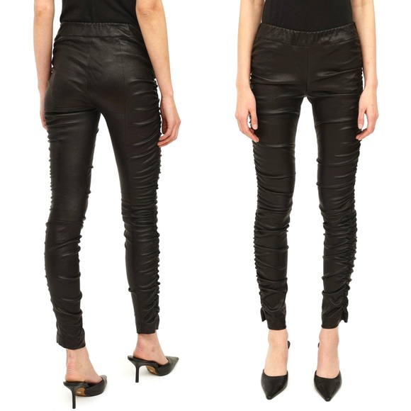 The Row Orshen Ruched Lambskin Leather Leggings Womens SZ XL Black Quiet Luxury - Picture 10 of 14